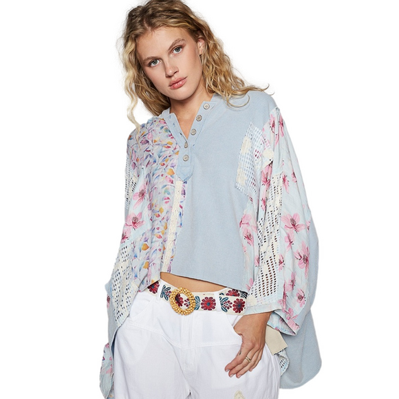 POL Tops - POL Women’s Powder Blue Mixed Media Floral Poncho Hoodie